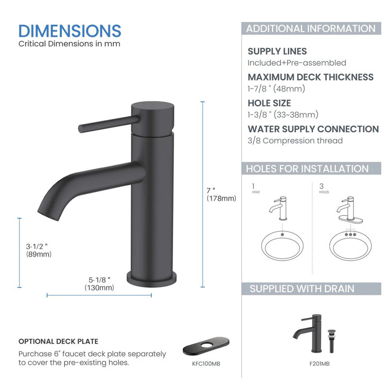 Single Handle Bathroom Sink Faucet with Pop Up Drain, Matte Black