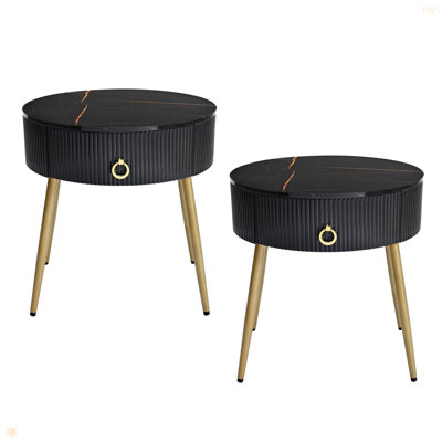 End Tables With High Gloss Faux Marble Tabletops, Set Of 2, Modern Fluted 2 Side Tables With Drawers