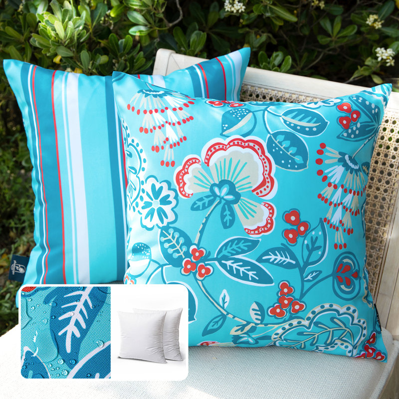 Coussin décoratif imprimé imperméable avec garniture, Turquoise, Carré 20 po