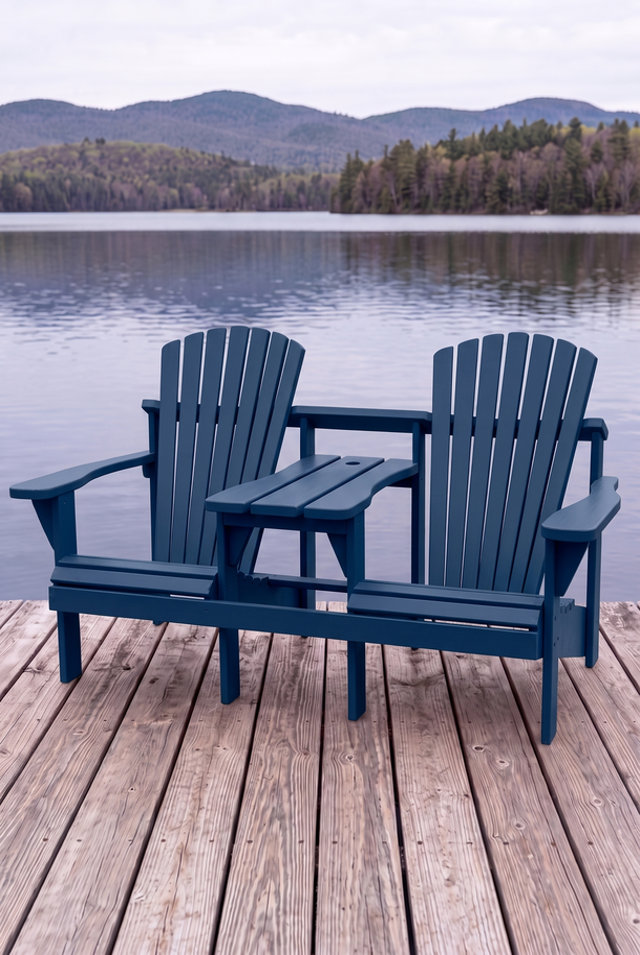 Navy blue double Adirondack chair with a built-in center table on a wooden dock overlooking a lake and mountains.