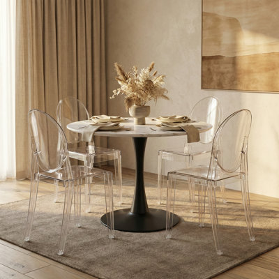 Brayan Clear Acrylic Ghost Chair – Modern Round Back Dining Chair & Vanity Accent Seat – Scratch-Resistant Lucite Side Chair in Single, Set of 2, and Set of 4