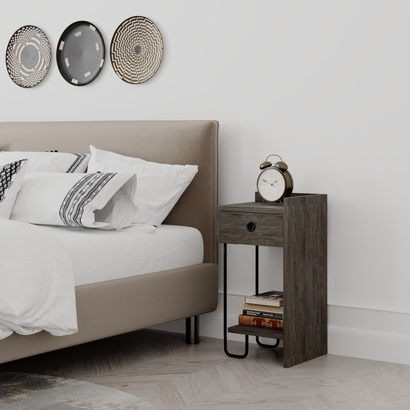 Jan Versatile Modern Bedside Table with Drawer and Open Shelf, Dark Coffee, Right Orientation
