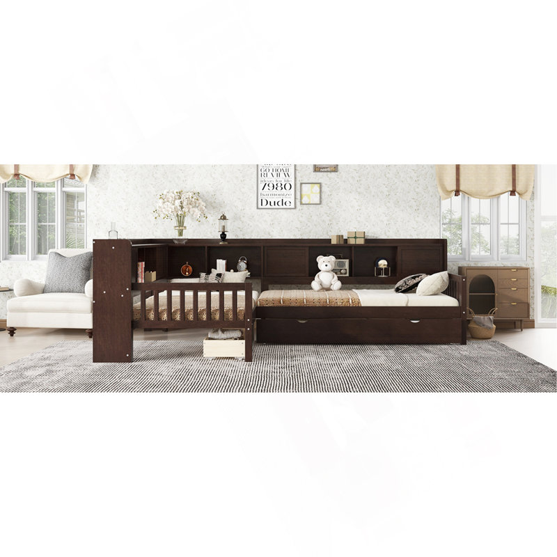 Lit plateforme en L simple avec lit gigogne, lit plateforme en bois massif avec tiroirs et tablettes de rangement, pas de sommier nécessaire, espresso
