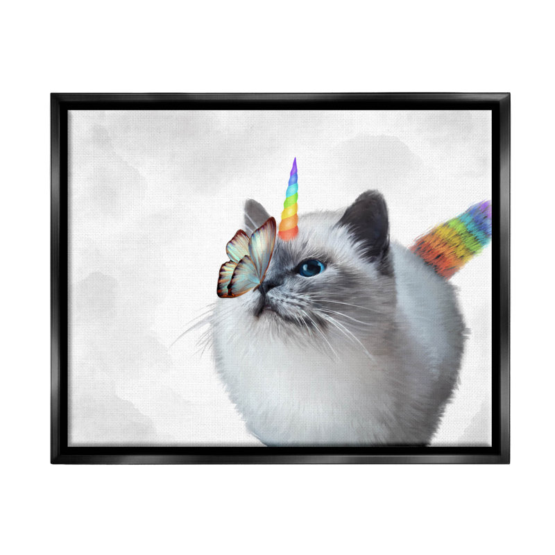 «Rainbow Unicorn Kitten Butterfly - Floater Frame», impression sur toile, Cadre flottant noir de jais
