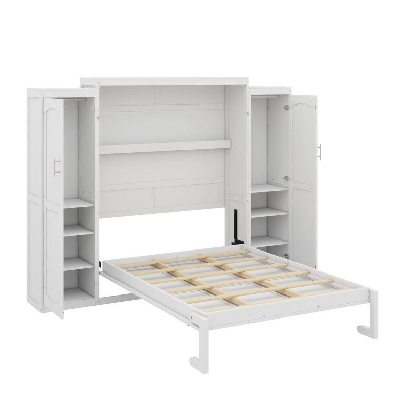 Lit escamotable peu encombrant avec garde-robes doubles et tablette de rangement pratique, Lit double, Blanc