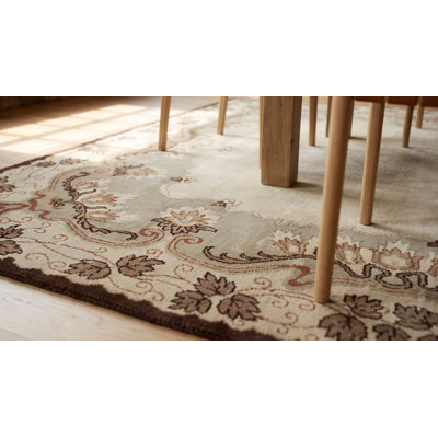 9x12 Ivory Hand-Knotted Wool Floral Border Solid Open Field Modern Contemporary Carpet Rug