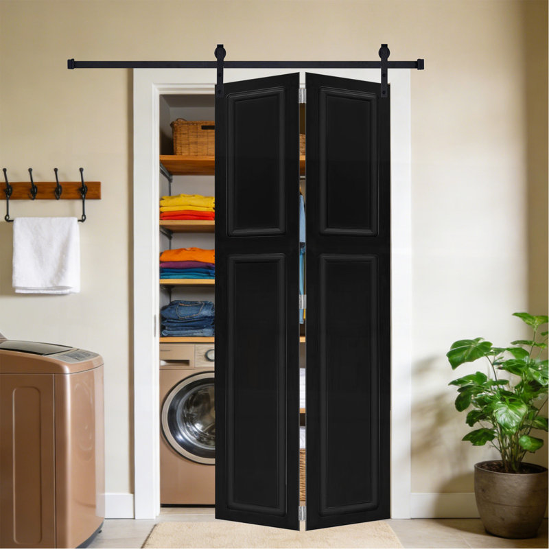 2 panneaux à 2 panneaux pliables de 80 po x 36 po Porte de grange coulissante en bois de noyer noir avec ensemble de quincaillerie