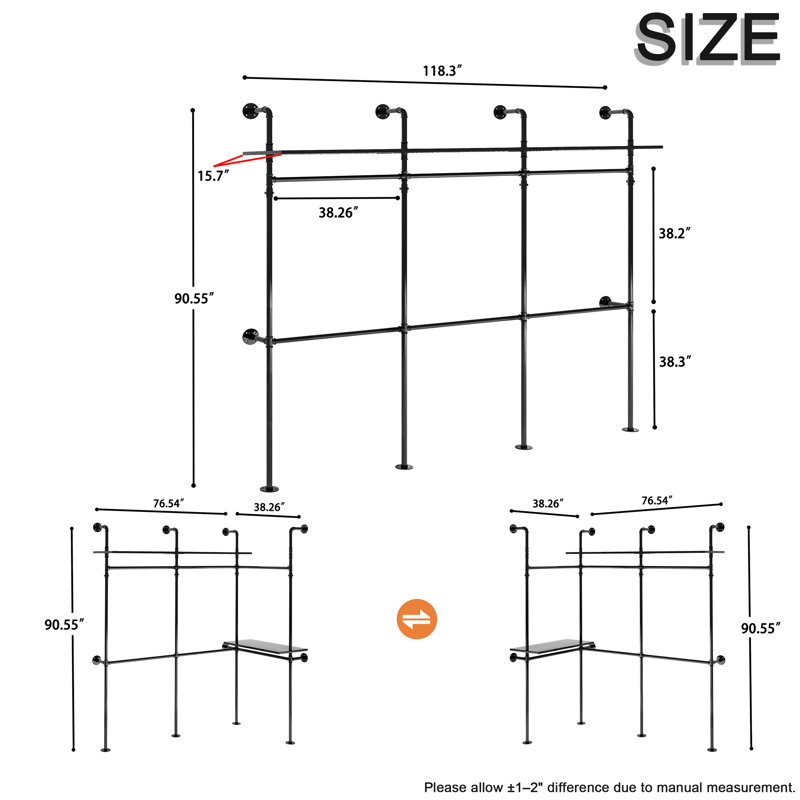 Système de garde-robe industriel noir en tuyaux, support mural de 300 cm (L) x 40 cm (l) avec éclairage DEL
