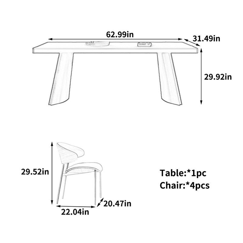 Table de salle à manger élégante et tendance, 5 pièces: table, 4 chaises, H 29,92 po x l 62,99 po x P 31,49 po