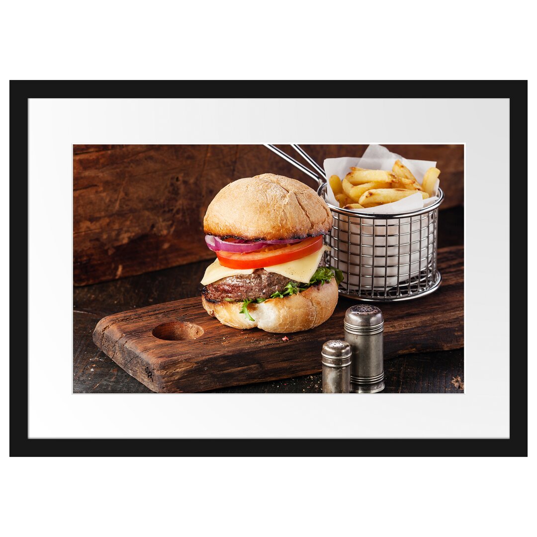 Gerahmtes Poster Cheesburger mit Pommes