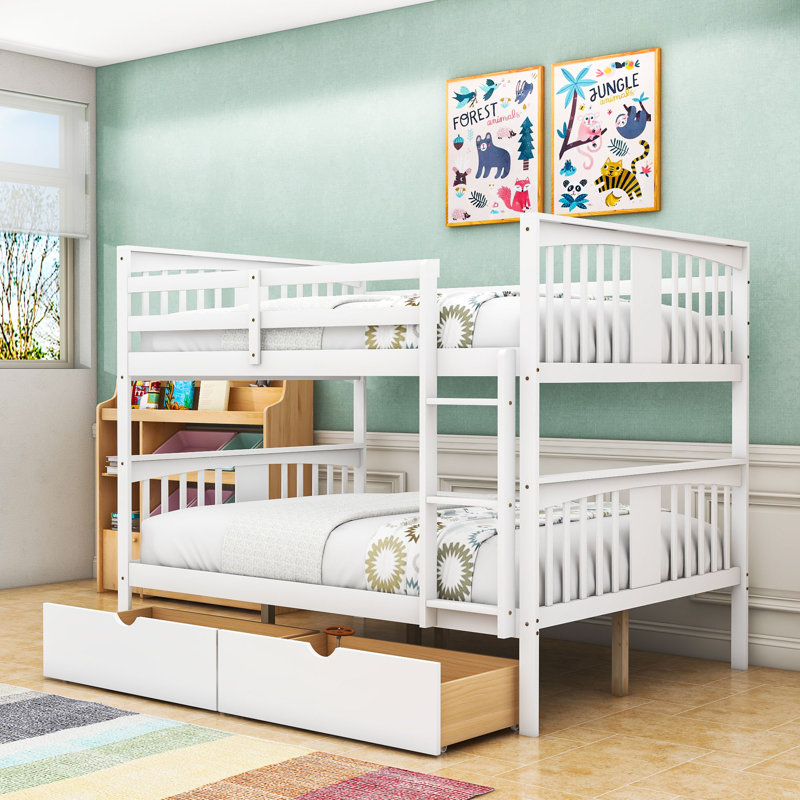 Lit superposé double en bois avec tiroirs de rangement, Blanc