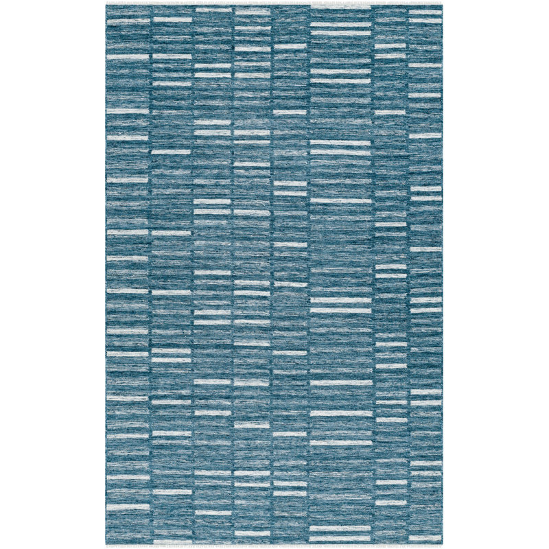 Caniesha Striped Hand Woven Flatweave Wool Area Rug in Blue, Rectangle 5' x 8'