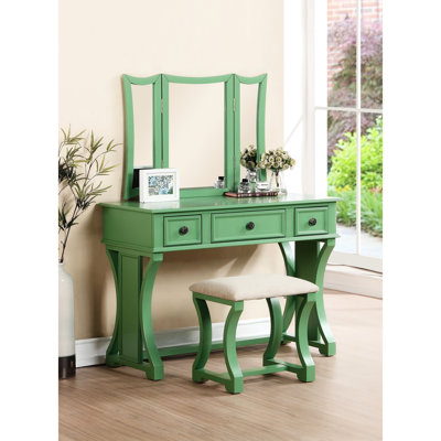 Ahn Modern Bedroom Vanity , Apple Hue, Stool, Particle Board, Rustic Pine W Color, 3 Mirror, Pine,