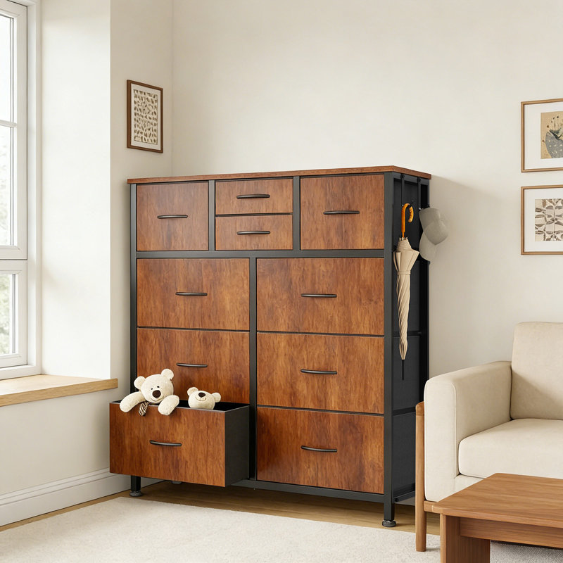 38.98"W 10-Drawer Fabric Dresser with Wood Top and Side Pockets, Storage Chest, Brown