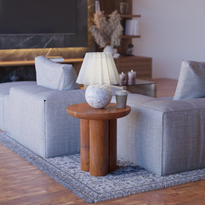 Table de bout ronde moderne en bois massif avec piédestal sculptural, finition noyer