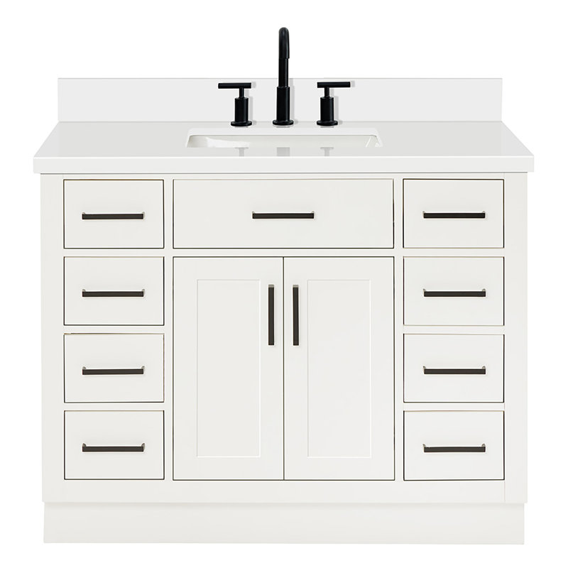 Tidworth 42'' Solid Wood Single Bathroom Vanity with 1.5'' White Quartz Top, White / Matte Black, Rectangular