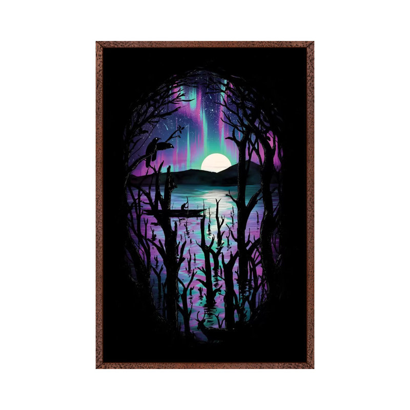 Night With Aurora by Nicebleed - Print on Canvas, Classic Brown Wood Framed, 66.04cm H x 45.72cm W x 3.81cm D