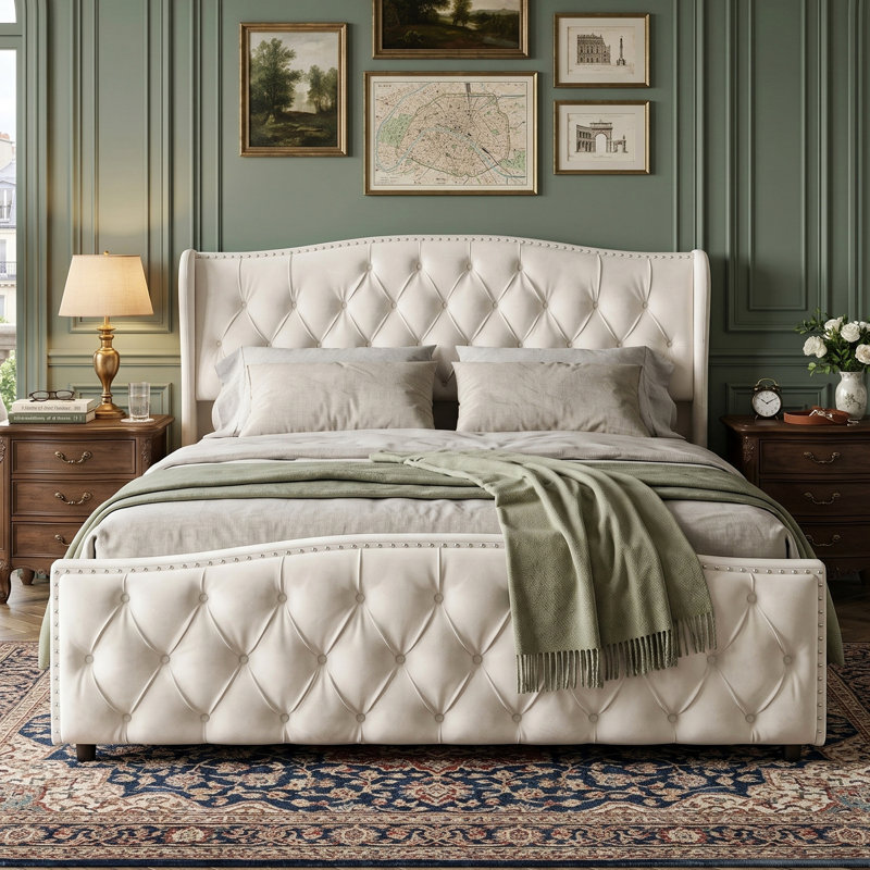 UK & EU Sizes Velvet Ottoman Bed Frame with Hydraulic Gas Lift Storage, Diamond Tufted Wave Wingback Upholstered Platform Bed with Nailhead Trim, Grey/Beige