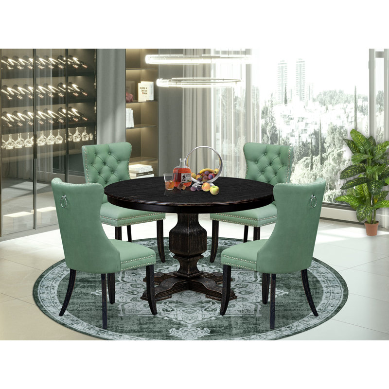 5 Piece Dining Set Contains a 48" Round Table with Pedestal and 4 Willow Green Polyester Fabric Upholstered Chairs, Sand Blasted Black