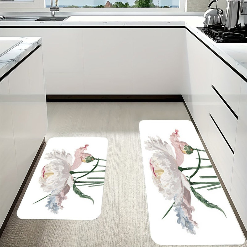 Paillasson blanc, art floral 2 pièces, tapis de cuisine antidérapants