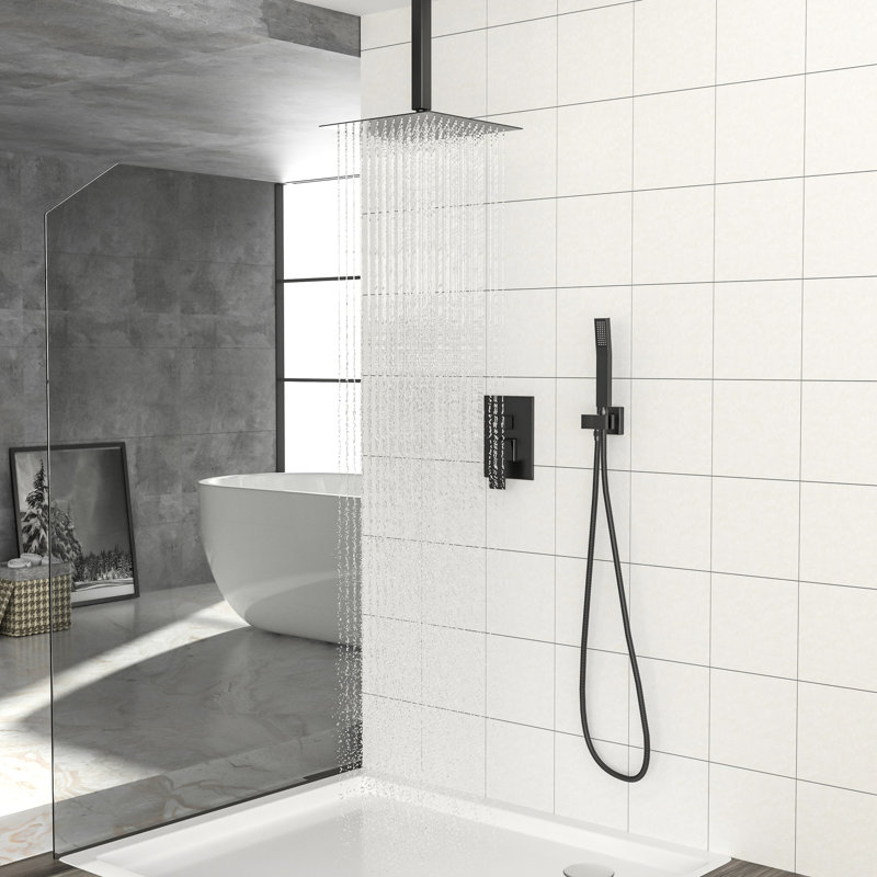10 Inch Square Matte Black Dual Function Ceiling Mounted Shower System With - Scald Valve, Easy To Clean Nozzle, And Handheld Spray Mount Heads, Finish, Balanced Rainfall Pattern, Cleaning