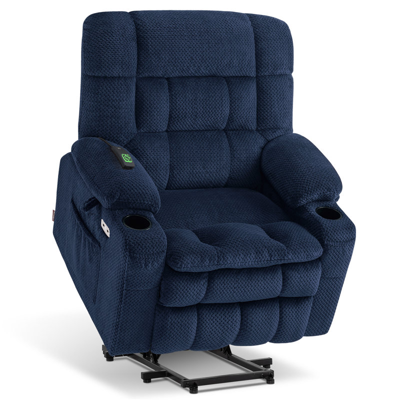 Small Dual Motor Power Recliner Lift Chair Infinite Position, Heat and Vibration Massage, Fabric, Navy Blue