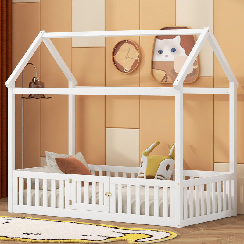 Lit simple en bois avec clôture et porte, blanc, Lit simple, Blanc