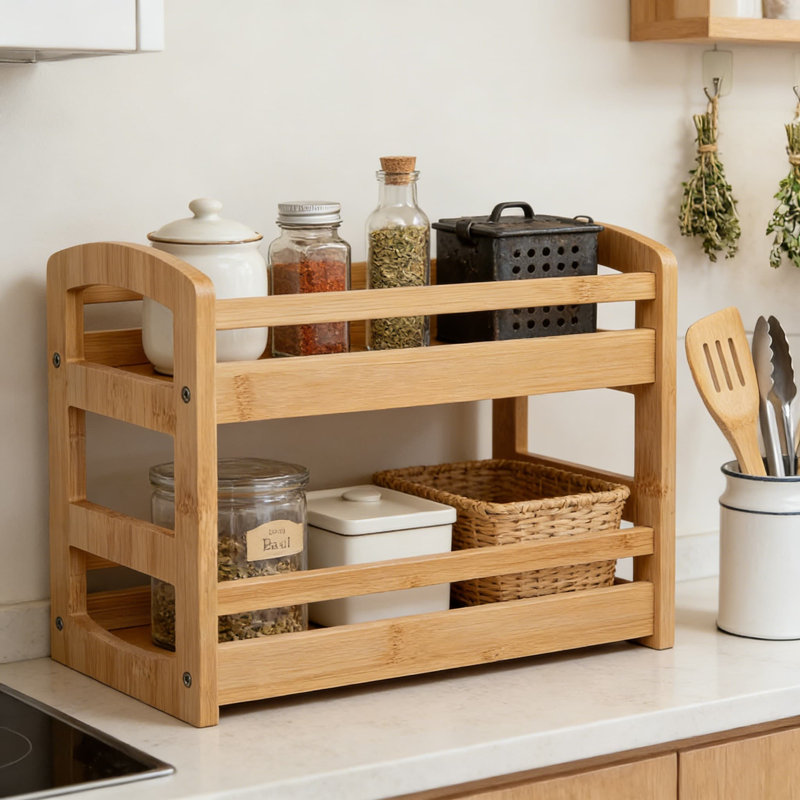 Étagère à épices en bambou à 2 niveaux pour comptoir, support de tablette à épices de cuisine pour garde-manger et armoire
