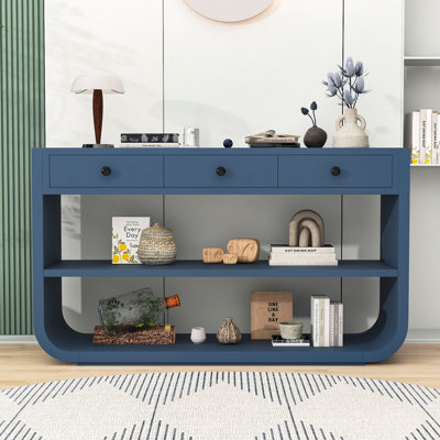 Console courbée avec lignes élégantes, tiroirs et tablette de rangement