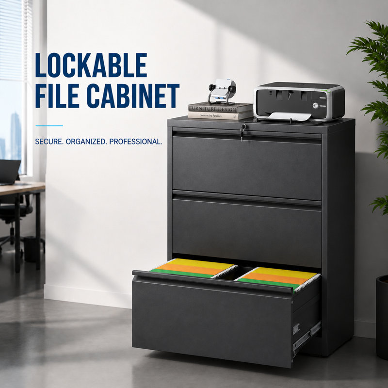 Bizoe Black 3-Drawer Lateral File Cabinet with Lock, Metal Filing Cabinet for Letter and Legal Files, Full-Extension Drawers for Home Office