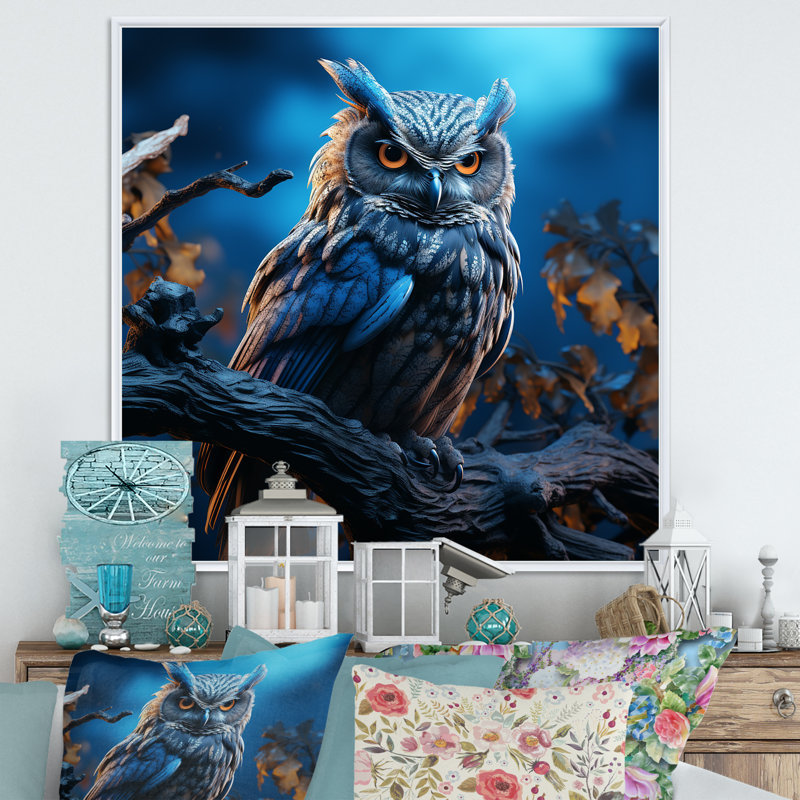 Blue Owls Moonlight Realm IV sur impression sur toile, H 30 po x l 30 po x P 1 po, Cadre flottant blanc