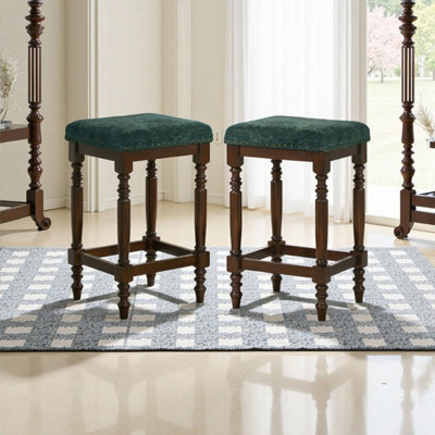 Set Of 2 Solid Wood Counter-Height Barstools, 26-Inch Farmhouse Bar Stools With Padded Seat & Turned Legs – Kitchen Counter Dining Seating
