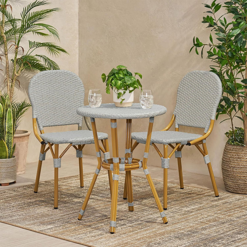  Ensemble bistro 3 pièces pour terrasse, table en rotin de polyéthylène et chaises pour balcon, jardin et café, gris
