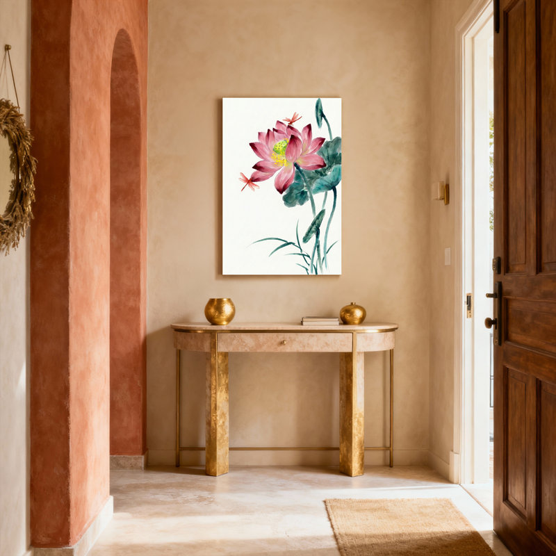 Ensemble d'une toile imprimée à l'aquarelle représentant une fleur de lotus et une libellule, H 12 po x l 18 po, Noir