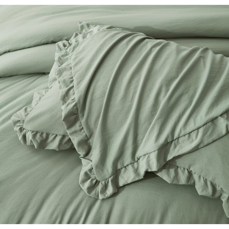 Sage Green Twin Microfiber Reversible Comforter Set with Ruffled Trim