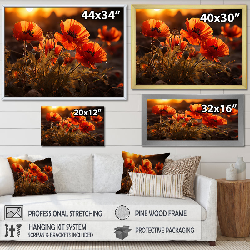 Coucher de soleil coquelicots dans la prairie, Cadre simple blanc, H 16 po x l 32 po x P 1 po