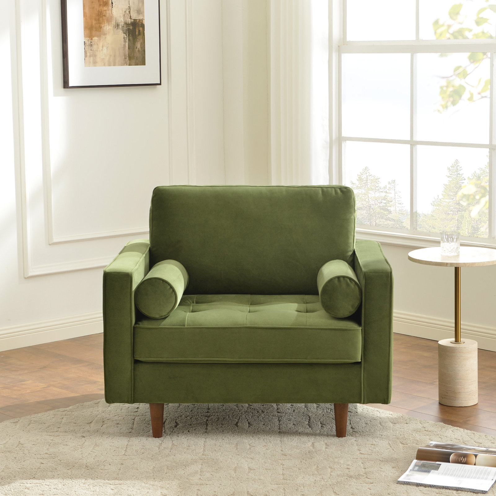 Geo Linen Armchair, Olive Green Velvet