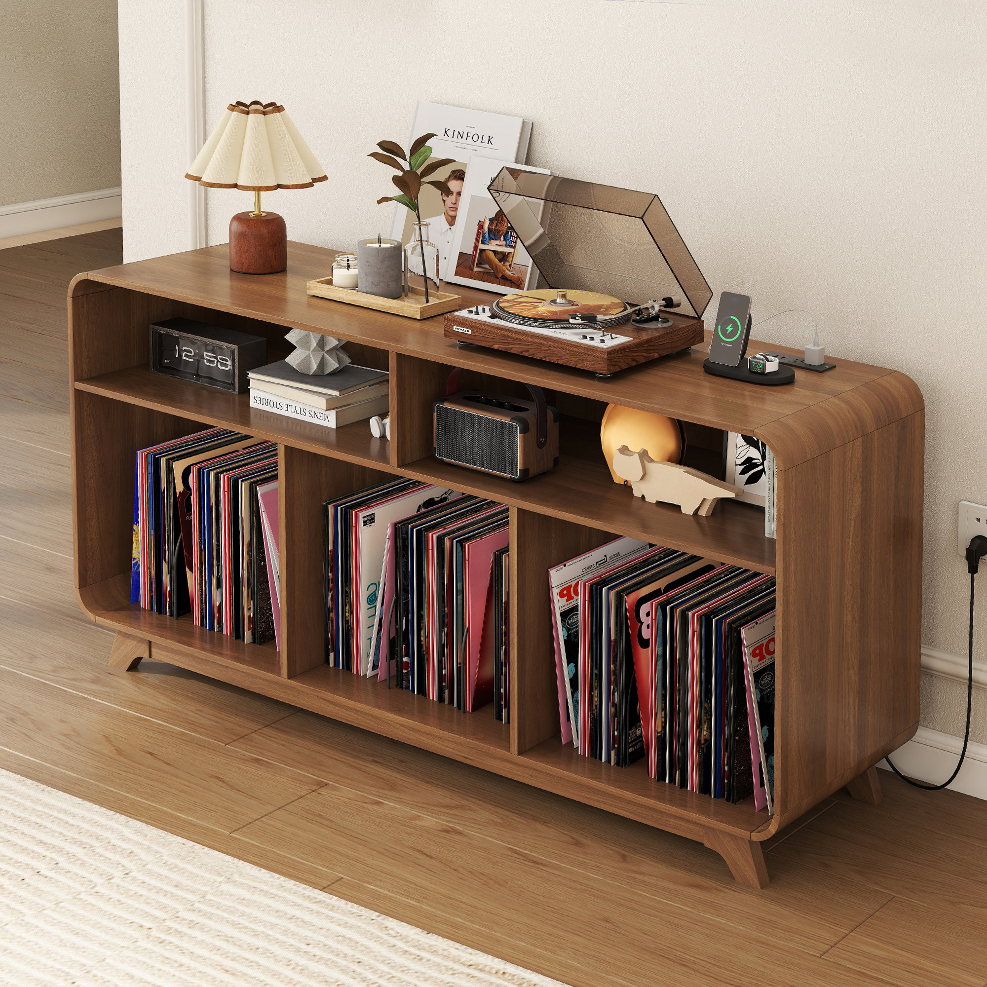 Large Record Player Stand With Charging Station & Usb Ports, Curved Vinyl Record Cabinet, Turntable Stand