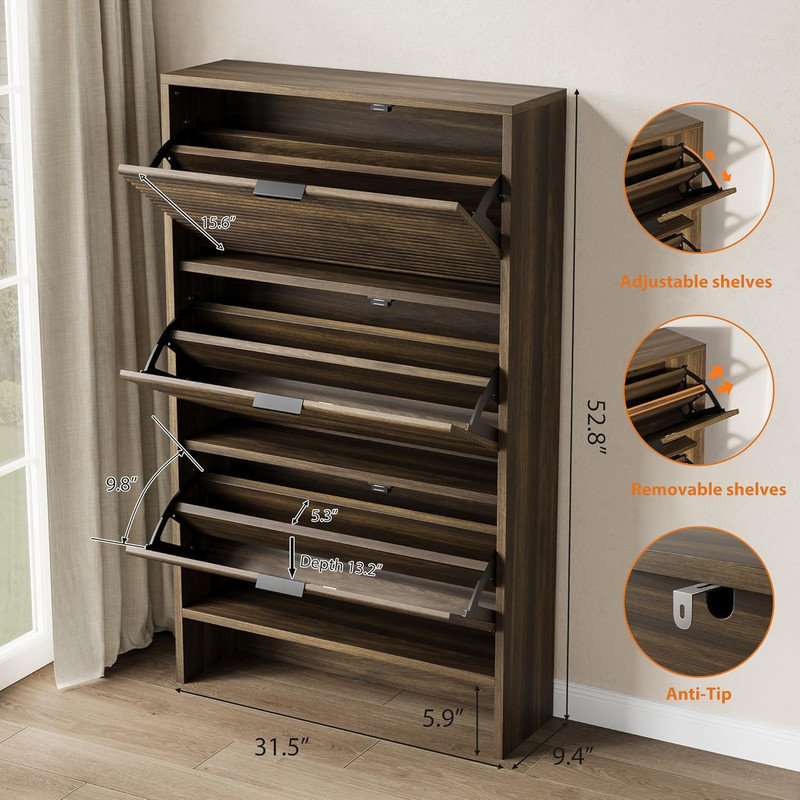 Armoire à chaussures pour le vestibule, armoire à chaussures cannelée avec 3 portes à tiroir rabattable, support caché de 32 po de largeur pour le couloir
