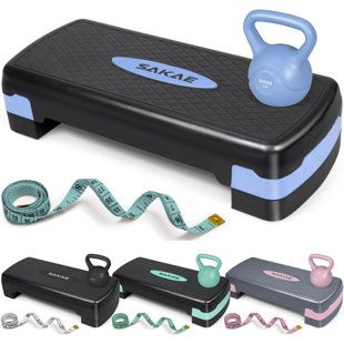Step Aerobics Platform Set with Kettlebell & Measuring Tape, Aerobic Steppers for Exercise at Home, Adjustable Height 2 Level Risers Workout Step Trainer with Non-Slip Surface