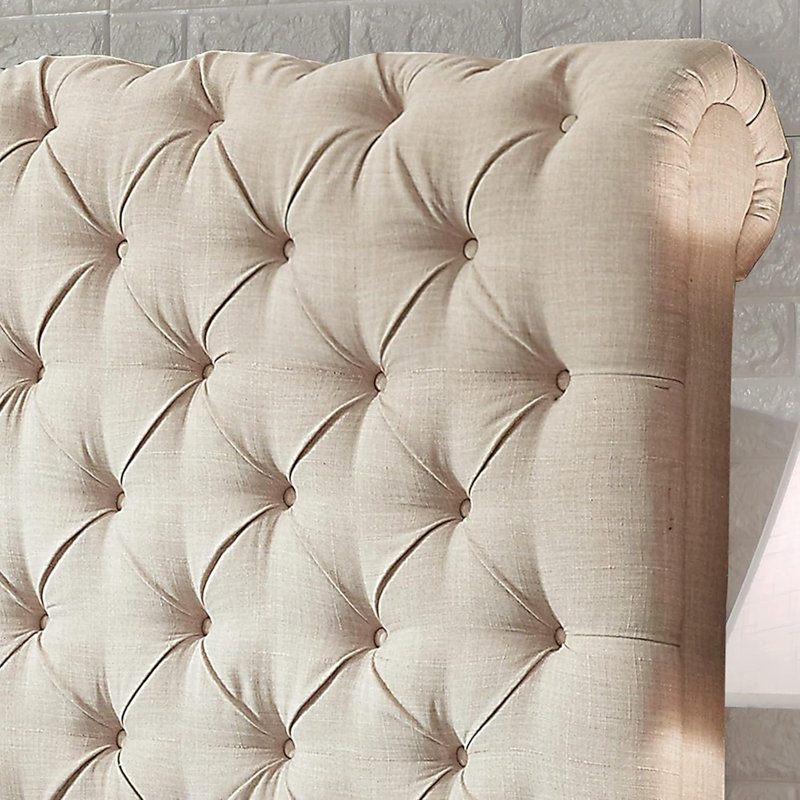 Lit tapissier en tissu, base de lit à hauteur réglable capitonnée, Beige, Lit simple