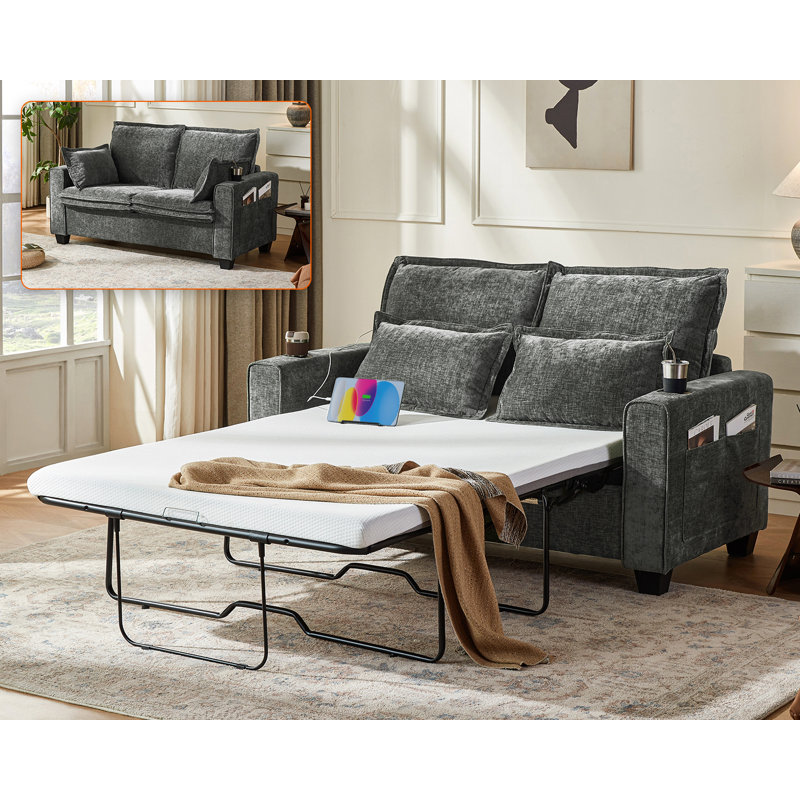 2-in-1 Pull-out Full Side Rv Sleeper Sofa Bed Convertible Chenille Sofa With 20w Fast Charging Led Light Memory Foam Couch Layered Cushion Trim