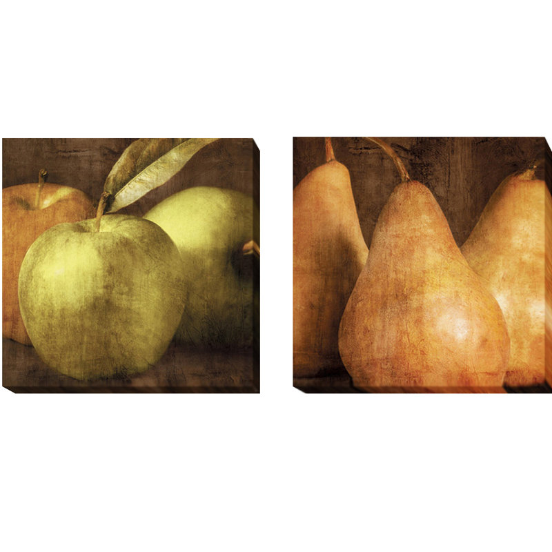 "pommes et poires" par caroline kelly, ensemble de 2 reproductions de photos encadrées sur toiles tendues