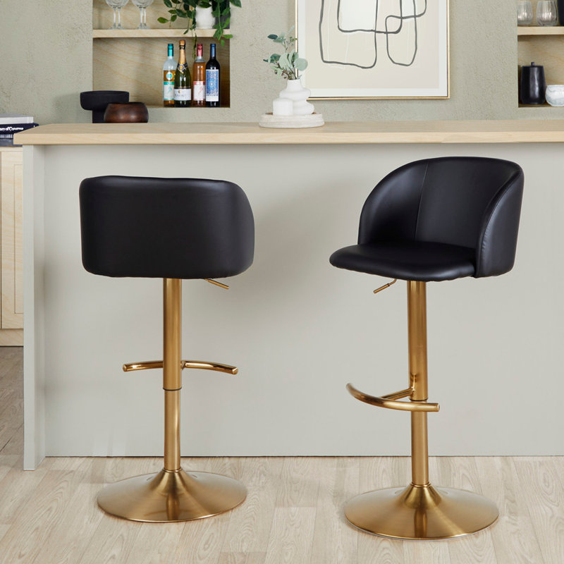 Tabouret de bar réglable en métal doré et similicuir noir avec repose-pieds arrondi en T - ensemble de 2, Doré
