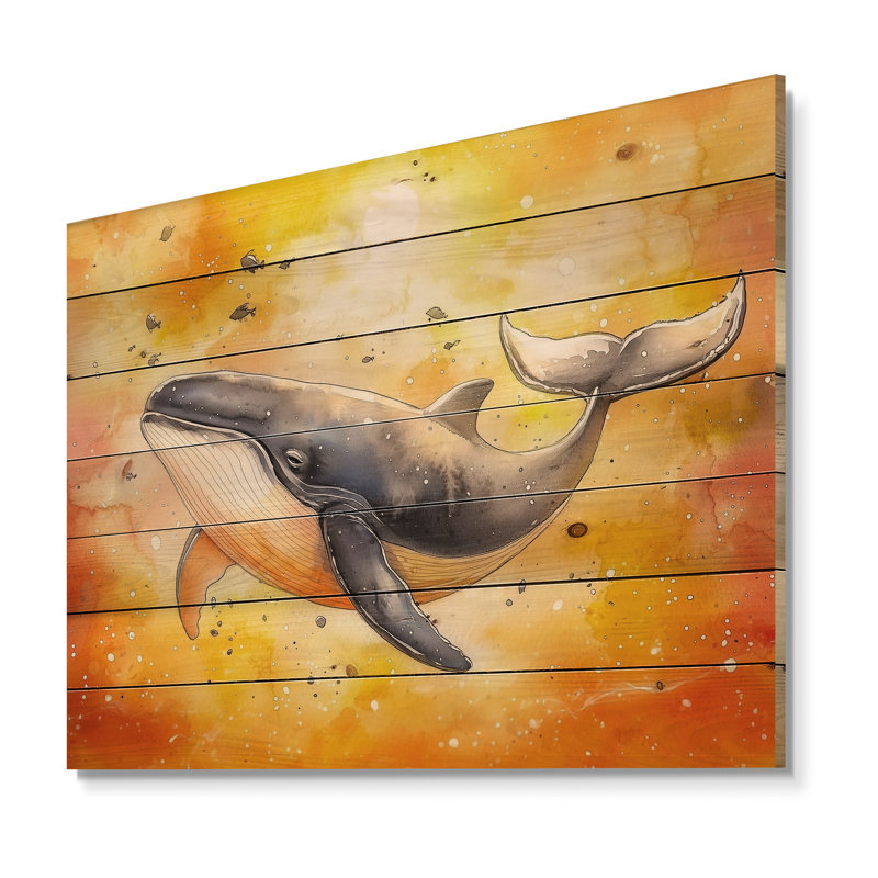 Aquarelle de baleine à bosse dans l'océan II - Art mural traditionnel sur bois de pin naturel, H 34 po x l 44 po