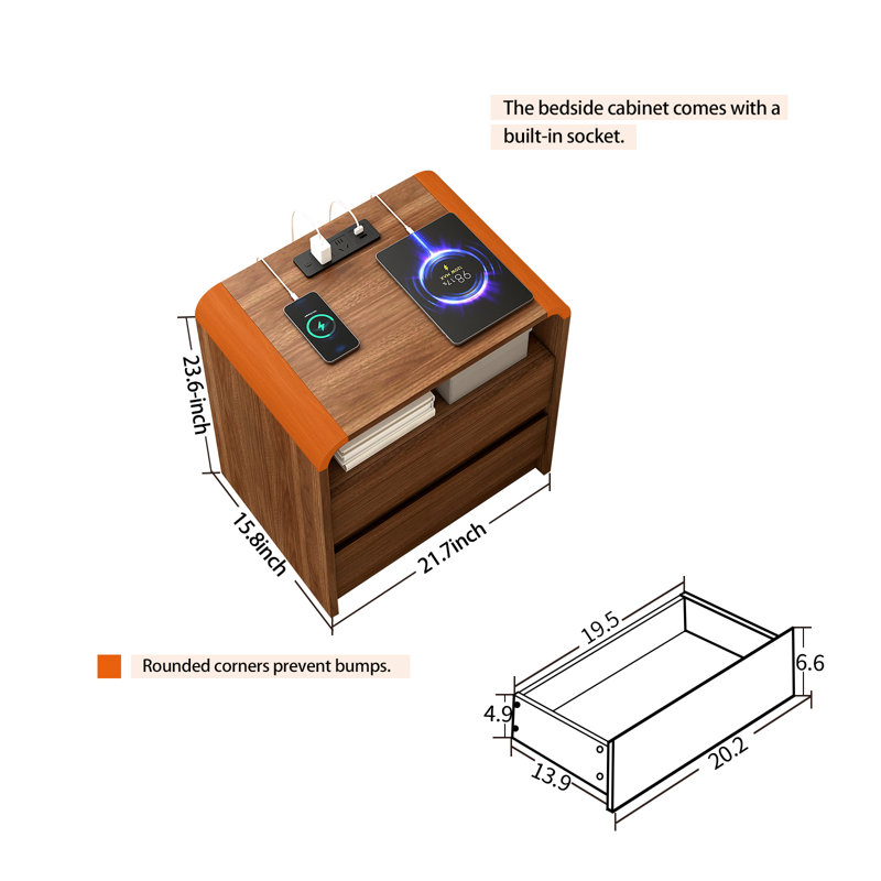Walnut Nightstand with Charging Station, 21 Inch Wide Night Stand with Deep Drawers, Modern Bedroom Bedside End Table with Rounded Corners Anti-Collision Design for Dorm, Sofa, Office