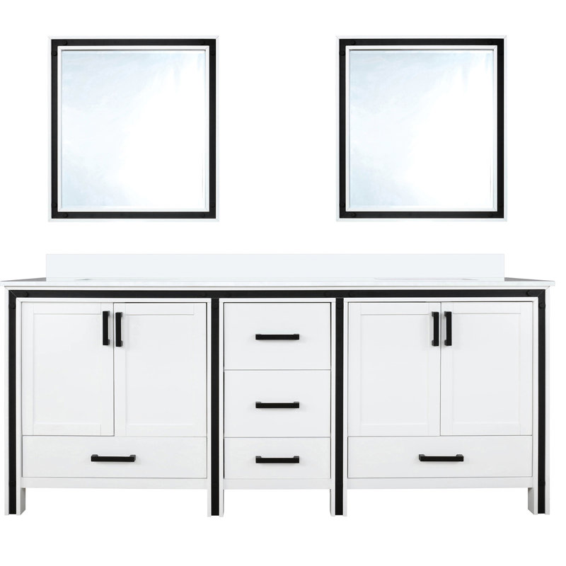 72 po Double meuble-lavabo blanc avec comptoir en quartz et miroirs - fermeture douce, armoires de rangement généreuses, deux tiroirs intérieurs et espace