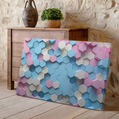 "Toile", créant un fond abstrait visuellement saisissant, présentant un arrangement dynamique d'art mural de formes hexagonales en pastel doux