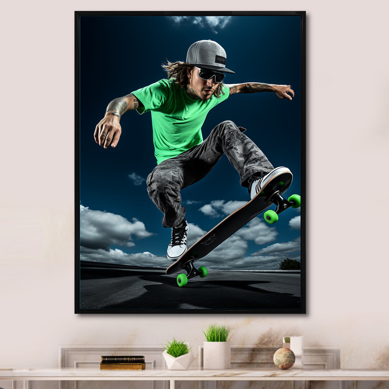 Skateboard Thrills - Sports, reproduction d'art mural, H 44 po x l 34 po x P 1,5 po, Cadre flottant noir