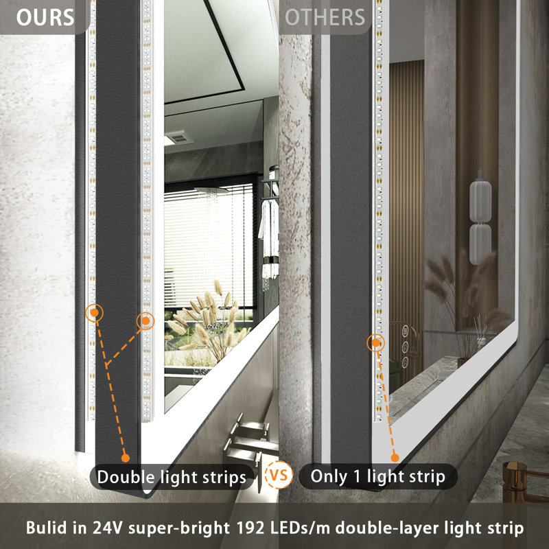 Lunara Independent Dual Backlit&Front Lights LED Wall Mirror, Rounded Corner Matte Black Metal Framed Bathroom Mirror with Tempered Glass